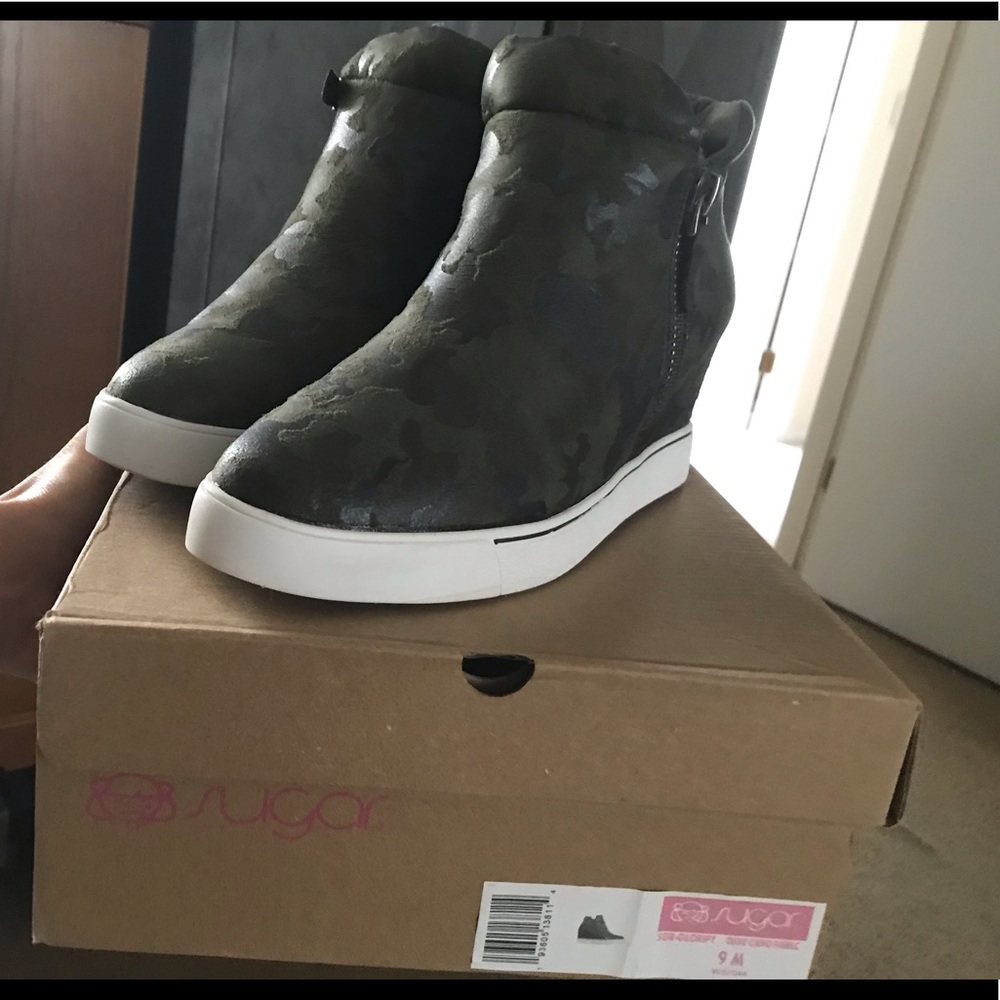 Sugar Glorify Olive Camo Hidden Wedge Sneakers